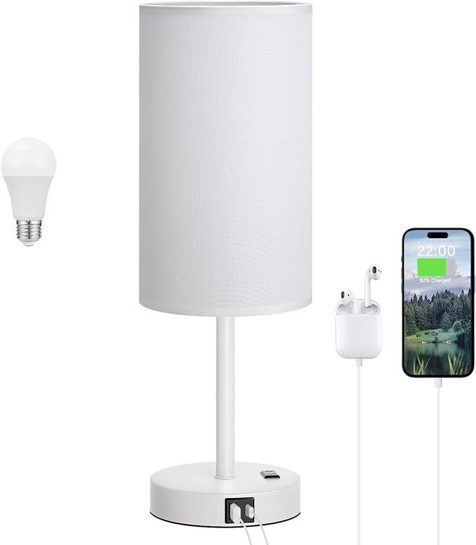 Dicoool 17.4" Bedside Lamp for Bedroom - Dimmable Touch, USB A+C, AC Outlet | LED Bulb Included, 3-Way Dimmable, 17.4" Table Lamp for Living Room, Dorm, White Fabric Lampshade, White Metal Base - Image 8