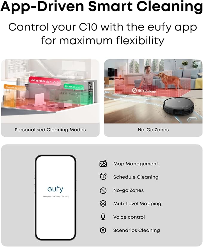 eufy C10 Robot Vacuum Self Emptying, 8 Weeks Hands Free, 2.85-Inch Slim | Advanced Smart Mapping with LiDAR Navigation, Powerful Suction, Edge Expansion Brush for Pet Hair, Carpet Detection - Image 7