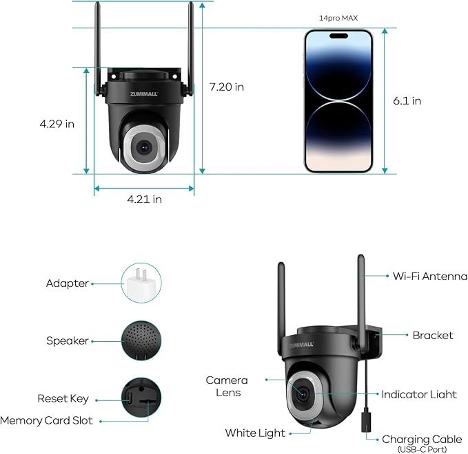 ZUMIMALL 2.5K Wired Cameras for Home Security, 2.4G/5G WiFi Outdoor Camera, 5MP, 24/7 Recording,AI Motion Detection, Cloud & SD Card Storage, 2-Way Audio, 360° PTZ Auto Tracking, IP66-2-Pack (Black) - Image 8
