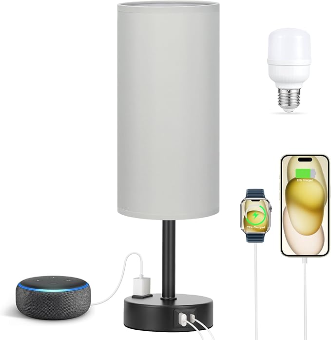 Fenmzee Grey Touch Bedside Lamp for Bedroom - 3 Way Dimmable Table Lamp USB C Charging Ports and AC Outlet, Small Desk Lamp for Living Room, Office, LED Bulb Included - Image 6