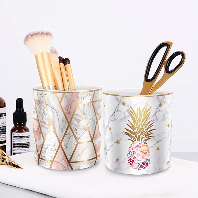Cute Pen Holder for Desk, Ceramic Pencil Organizer, Makeup Brush Holder, Office Decor and Desk Accessories Durable Ceramic, Pineapple Pattern - Image 8