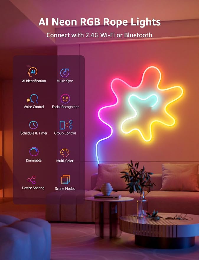 Lepro N1 AI Smart RGB Rope Lights for Christmas, Personalized AI Lighting Designer, LightBeats Music Sync, Color Segment DIY, Voice Control Via App, 9.84ft Wi-Fi & Bluetooth LED Strip Lights - Image 9