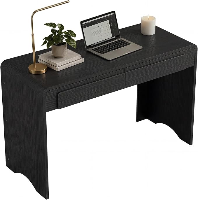 Bestier Computer Desk with 2 Drawers, 47 Inch Wood Home Office Desk, Writing Table with Curved Handles & Waterfall Rounded Edges, Cute Modern Desks for Bedroom Study Living Room, Black - Image 8