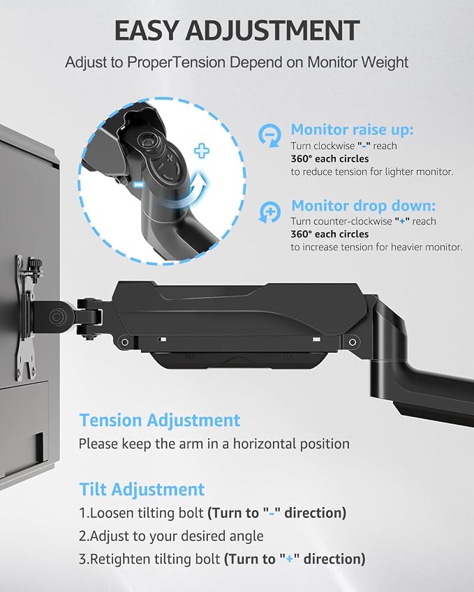 MOUNTUP Triple Monitor Stand Mount - 3 Monitors Desk Mount for Computer Screens Up to 27 inch, Triple Monitor Arm, Heavy Duty Monitors Stand, Each Arm Holds 4.4-19.8 lbs, Black - Image 9