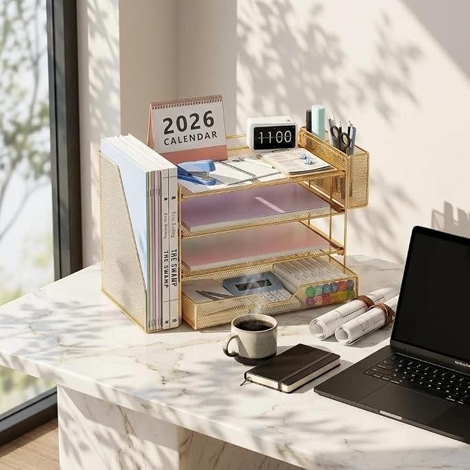 OPNICE Desk Organizers and Accessories, 4-Tier Desktop File Organizer with Drawer and Pen Holders, Office Desk Accessories Workspace Organizers for Office Supplies (Gold) - Image 9