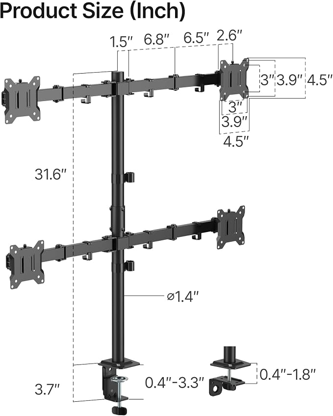 monTEK Quad Monitor Stand for Four 17-32" Screens, 22 lbs Each | Four-screen desk mount, height adjustment, tilt, swivel, rotation, clamp/grommet bases and VESA 75/100 - Image 9