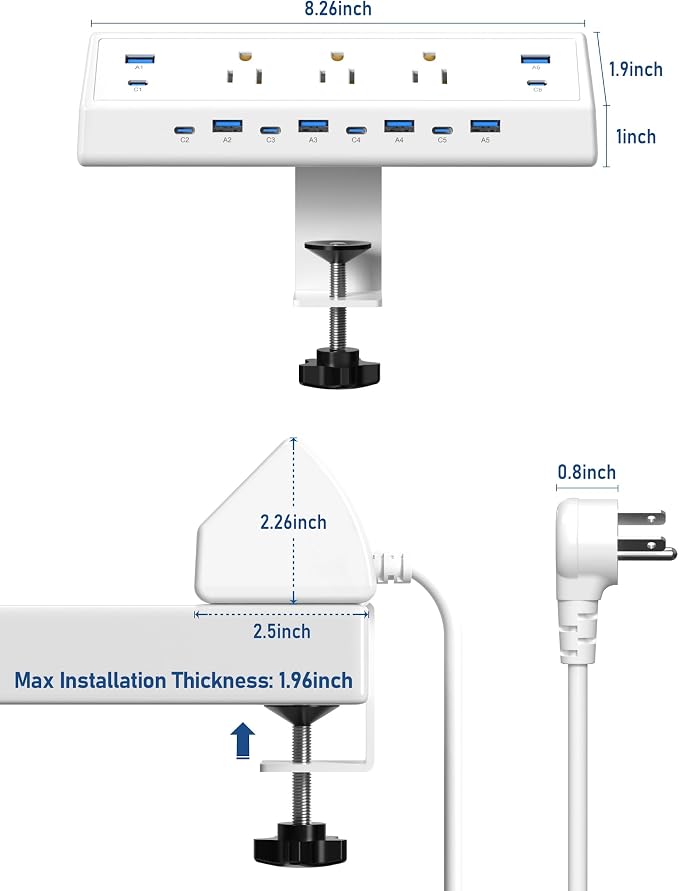 Jgstkcity 130W Desk Clamp Power Strip, 12 USB Ports (6 PD 65W USB-C),Surge Protector,ETL Listed Power Hub Extension Cord,Fast Charging Station for Home Office Desk Edge Mount (White, 12 USB-130W) - Image 7