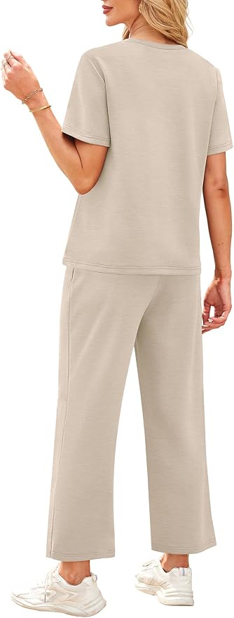 WIHOLL 2 Piece Sets for Women Casual Summer Travel Vacation Outfits Short Sleeve Wide Leg Crop Pants Lounge Sets - Image 5