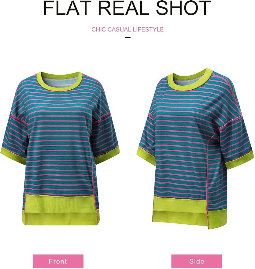 SHEWIN Womens Tops Casual Short Sleeve Sweatshirt Crewneck Striped Shirt Pullover T Shirts Loose Blouses - Image 4