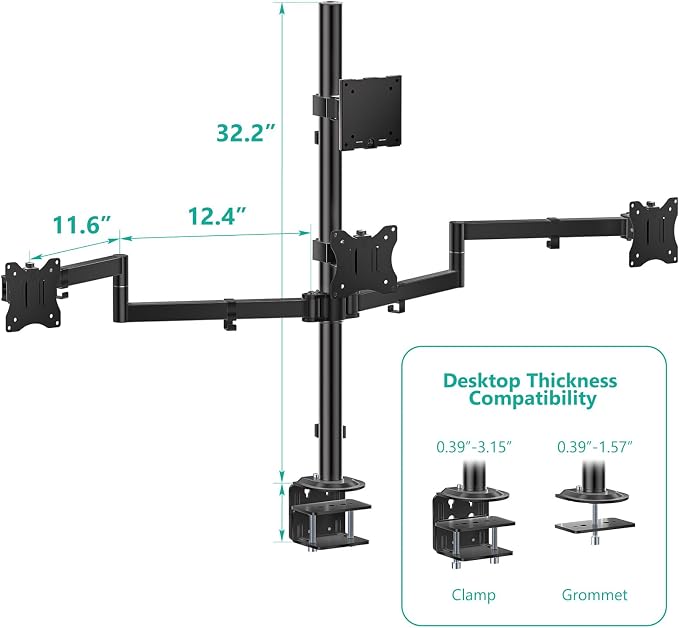 WALI Quad Monitor Mount for up to 49 inch Ultrawides on Top Bracket and 27 inch Screens on Lower Brackets, Extra Tall 4 Monitor Stand, Heavy Duty Monitors Arm up to 44 lbs (M004S-P), Black - Image 7