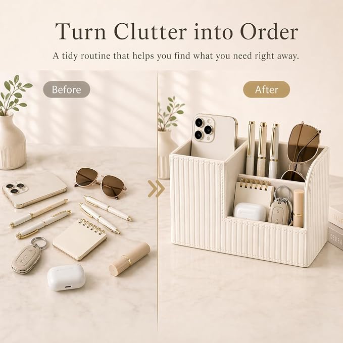 KINGFOM Desk Pen Organizer Office Supplies Caddy Pu Leather Multi-function Storage Box Pen/Pencil,Cell phone, Business Name Cards Remote Control Holder (Ivory White) - Image 7