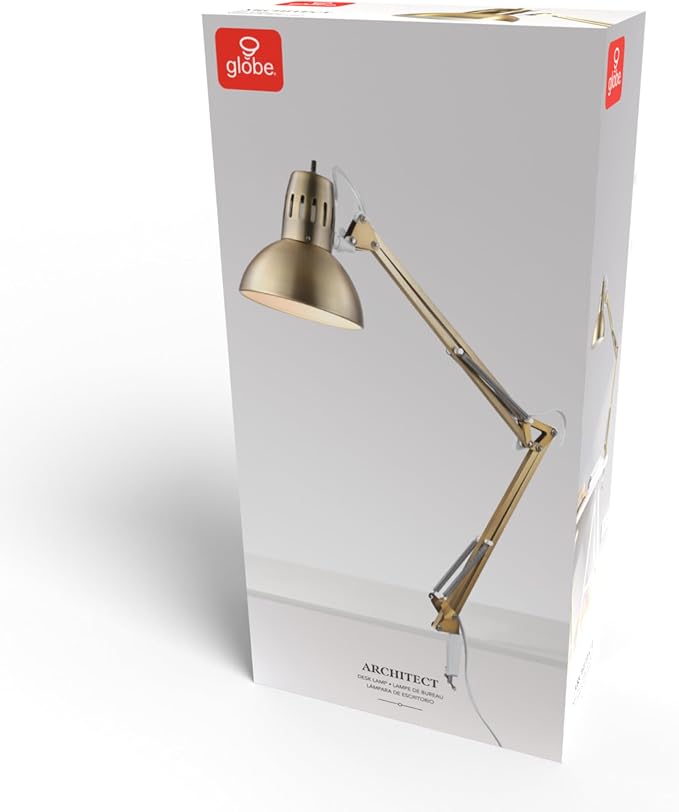 Globe Electric 62000010 32" Multi-Joint Desk Lamp with Metal Clamp, Matte Brass, White Accents, On/Off Rotary Switch on Shade, Partially Adjustable Swing Arm, Home Décor, Office Accessory - Image 9