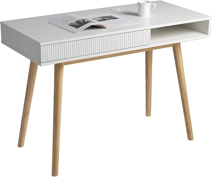 White Writing Desk with Storage, Mid Century Modern Desk for Small Spaces | 42.5-Inch Desktop, Soild Wood Legs, Hidden Drawer & Open Cubby Storage, Built-in Cable Management for a Clean Workspace - Image 7