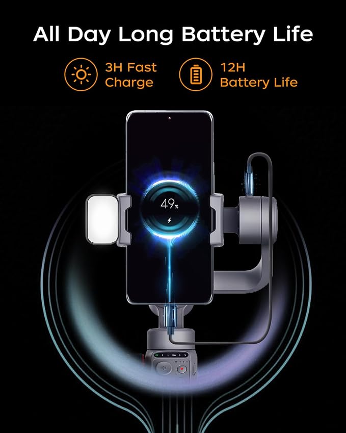 Capture5 Gimbal Stabilizer for Smartphone, Magnetic AI Tracker Fill Light Remote Control 500g Payload, 3-Axis Phone Gimbal for Android & iPhone 16 15 Pro Max for Video Recording(Gray) - Image 7