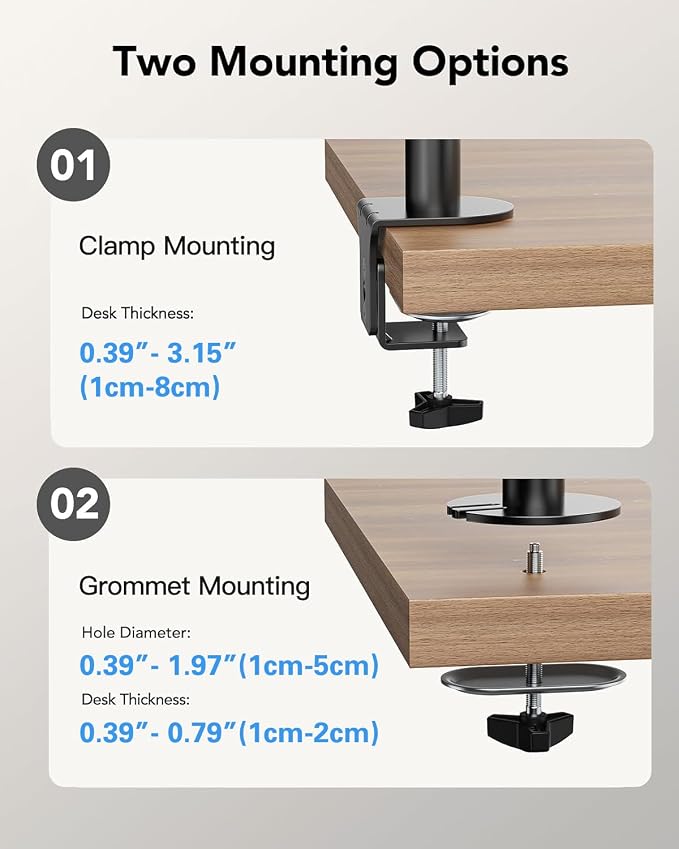 HUANUO Dual Monitor Mount for 13-32 Inch Screens, 17.6 lbs per Arm | Dual screen setup, tilt, swivel, rotation, 16.3 inch pole, cable clips, C-clamp or grommet, VESA 75x75/100x100mm - Image 8