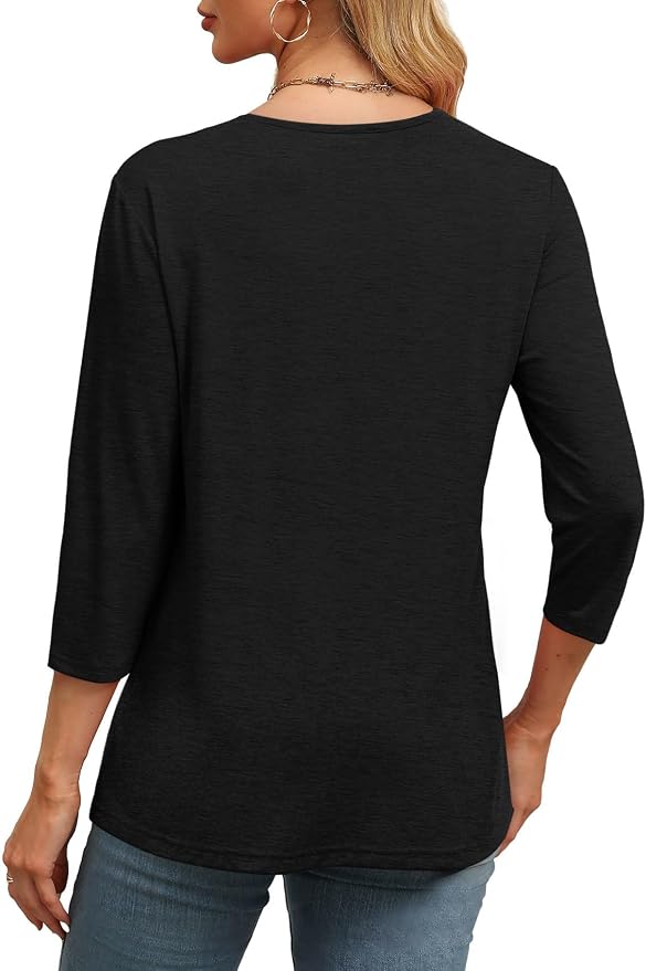 WIHOLL Womens Tops 3/4 Length Sleeve V Neck Casual Tunic Tops Basic Shirts Loose Fit Blouse - Image 4