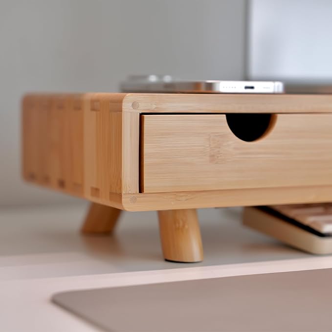 Bamboo Monitor Stand Riser with Drawer, Ergonomic Computer Riser for Desk with Cable Management & Storage Organizer, Wood Monitor Stand for Home Office - Image 9