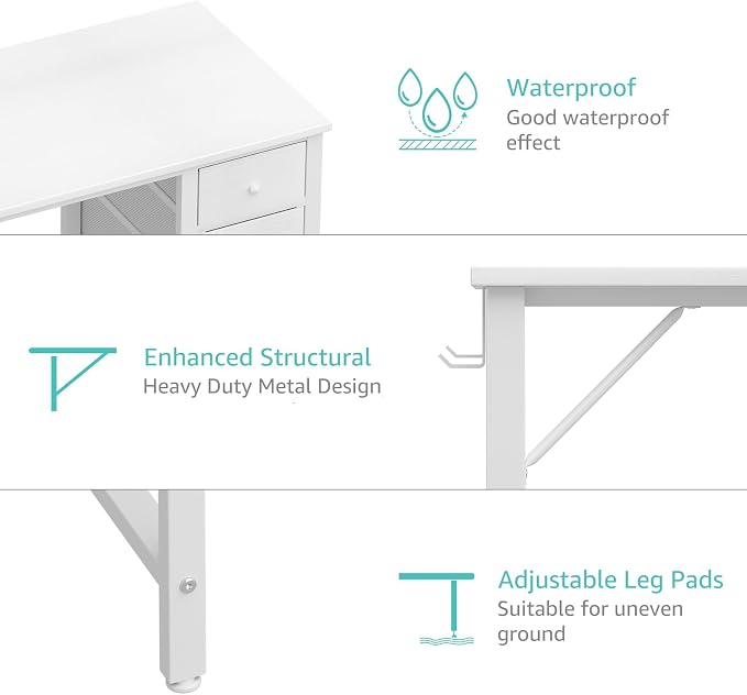 Lufeiya White Computer Desk with Drawers, 47 Inch Reversible Study Work Writing Desk for Home Office Bedroom, Simple Modern Cute PC Desks with Fabric Drawer, White - Image 7