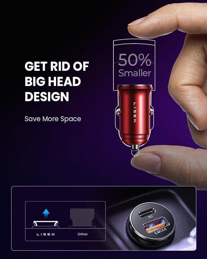 LISEN 2-Pack USB C Car Charger Adapter Fast Charge, 48W All Metal Cigarette Lighter USB Charger for iPhone 15 Smallest Flush Car Charger USB C for iPhone 14 Pro Max 13 12 Galaxy S23/22 iPad Pro-Red | Cigarette Lighter USB Charger, Car Accessories for M... - Image 6