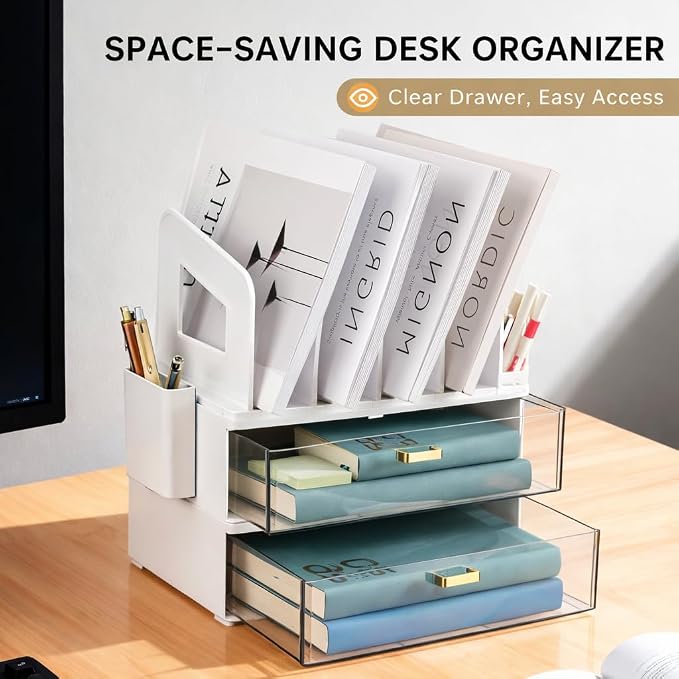 CiWiVOKi Desk Organizer with 4 File Slots and 2 Drawers, White | Desktop organizer with dual pen holders for storing files, mail, notebooks and office supplies in home or office use - Image 9