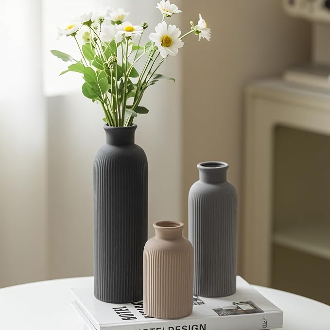 Modern Ceramic Vase Set, Black Ribbed Matte Design, 3-Piece Decorative Vases for Home, Living Room, Office (Black Mix) - Image 9
