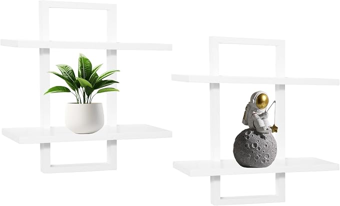 PHOENANCEE Floating Shelves for Wall,Display Hanging Shelf Set of 2,Modern Decorative Plants Shelves,Wood Home Decor Storage Chic for Living Room Bedroom Bathroom Office,Oak Frame,2-Tier,White - Image 9