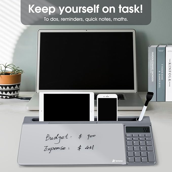 Varhomax Glass Desk Whiteboard Gray with Calculator, Desktop Organizer Dry Erase White Board with Storage, to Do List Memo Notepad for Home Office and School Supplies - Image 7