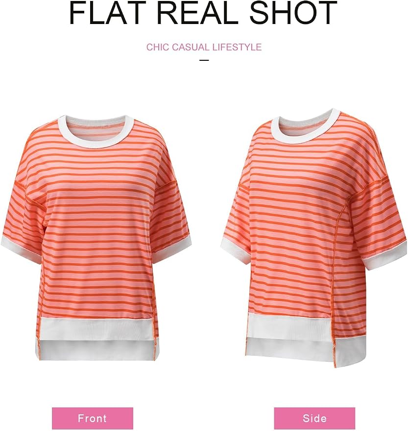 SHEWIN Womens Tops Casual Short Sleeve Sweatshirt Crewneck Striped Shirt Pullover T Shirts Loose Blouses - Image 5