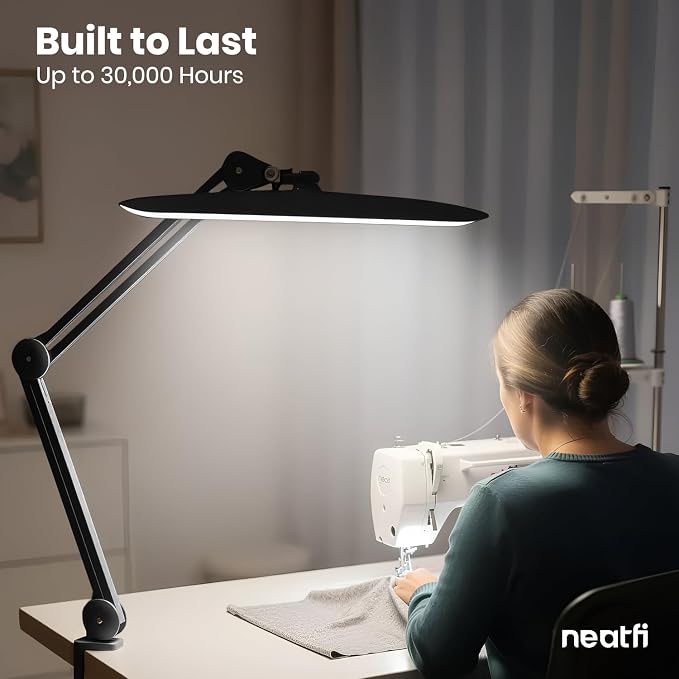 Neatfi XL 2200 Lumens 24W LED Desk Lamp – Shadow-Free Task Lighting | 4-Level Dimming | Home Office & Crafts Use | 20-Inch Wide Head (Black, Non-CCT with Clamp) - Image 9