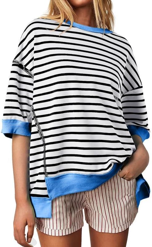 SHEWIN Womens Tops Casual Short Sleeve Sweatshirt Crewneck Striped Shirt Pullover T Shirts Loose Blouses - Image 8