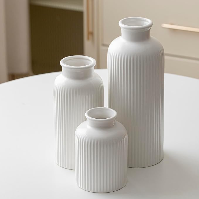 Large Modern Ceramic Vase Set, White Ribbed Matte Design, 10 Inch Tall, 4 Inch Width, 3-Piece Decorative Vases for Home, Living Room, Office (XL Matte Glaze White) - Image 9