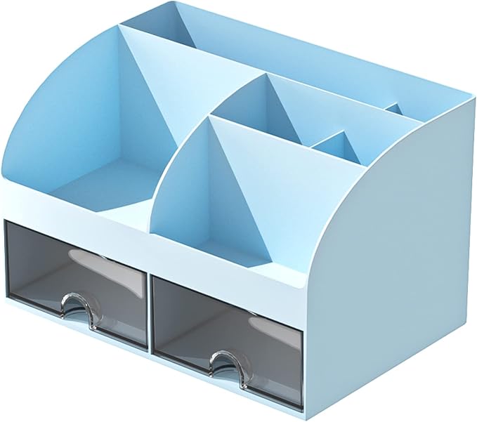 COMFYROOM Desk Organizer with 6 Compartments and 2 Drawers, Plastic Makeup Organizer, Pen Holder for Desktop Storage, Desk Organization for School, Home, Office Supplies (Blue) - Image 6