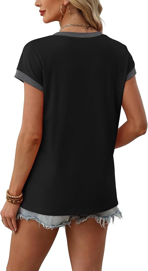 WIHOLL Womens Summer Tops 2026 Cap Short Sleeve Shirs V Neck T Shirts Fashion Beach Vacation Clothes Color Block - Image 5