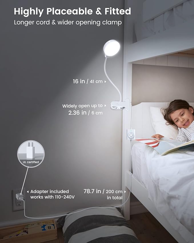 Glocusent 5W Clip on Light, 3 Colors & 5 Brightness Reading Light for Bed | Flexible Gooseneck Clip on Lamp, 30-Min Timer, Reading Lamp, Perfect Desk Lamp for Dorm,Bunk,Bed,Headboard,Table,Work,Craft - Image 6