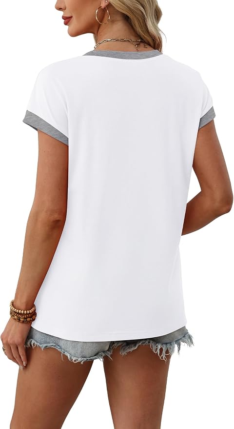 WIHOLL Womens Summer Tops 2026 Cap Short Sleeve Shirs V Neck T Shirts Fashion Beach Vacation Clothes Color Block - Image 5