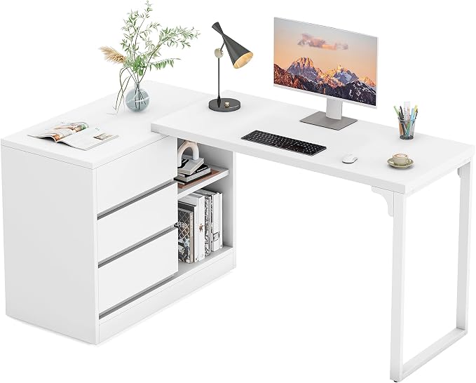 Tribesigns L-Shaped Computer Desk with Drawers and Shelves, Reversible White Corner Office Desk with Storage Cabinet, Modern Study Writing Table for Home Office, Bedroom - Image 9