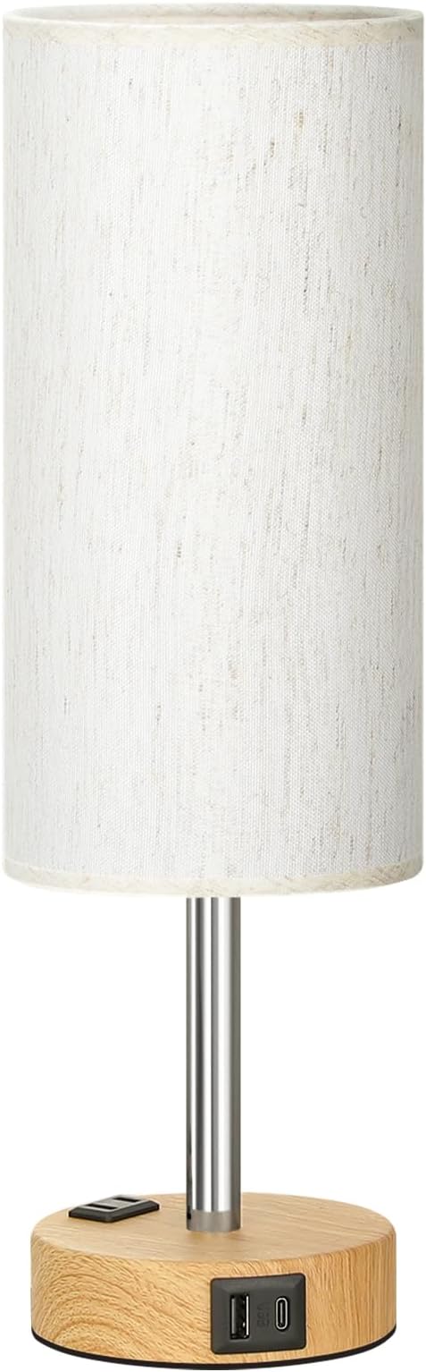 Fenmzee Bedside Table Lamp for Bedroom - Dimmable Touch, USB A+C, AC Outlet | 3-Way Dimmable, LED Bulb Included, Fabric Lampshade, Wood-Grain Metal Base, 14" Small Nightstand Lamp for Desk, Living Room - Image 8