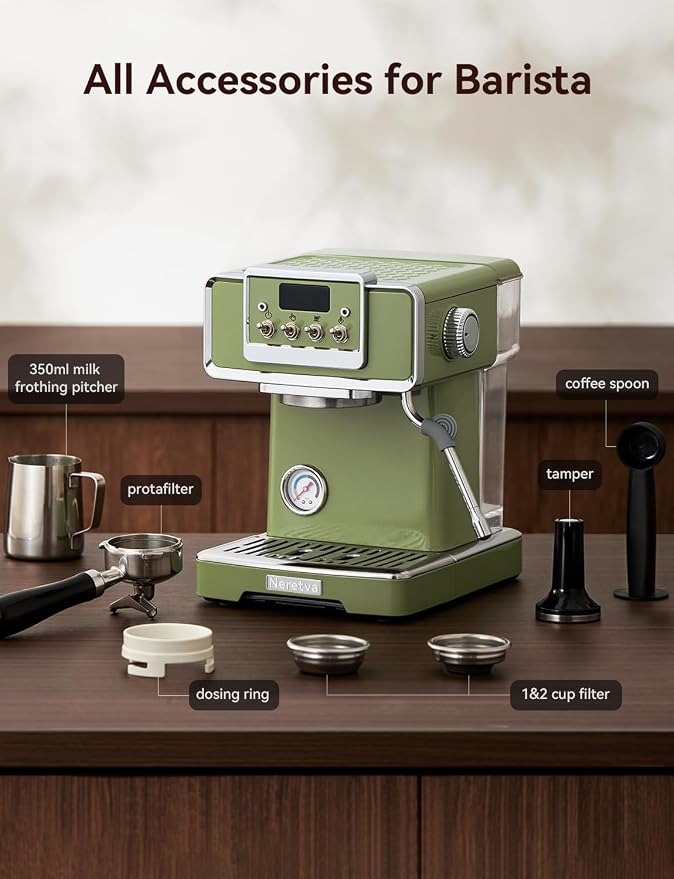 Neretva Professional Retro Espresso Machine with 58mm Portafilter, Green | Visible Pressure Gauge, Powerful Steam Wand, 15 Bar Stainless Steel Espresso Maker for home baristas to make latte cappuccino - Image 7