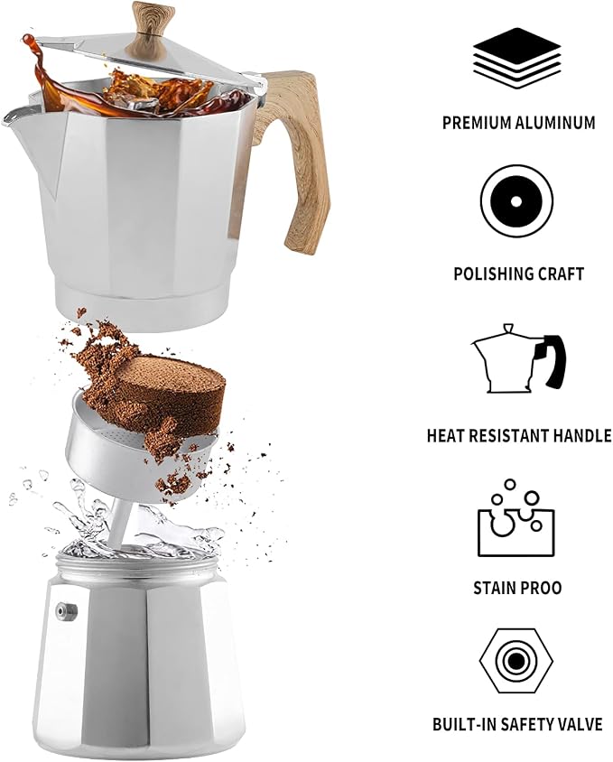 wedrink Stovetop Espresso Maker Aluminum Moka Pot 6 Cups Cuban Coffee Maker Stovetop Coffee Maker Moka Italian Espresso - Image 7