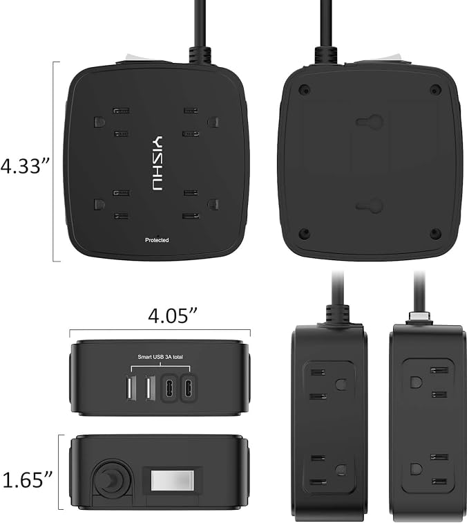 5Ft Surge Protector Power Strip - 8 Widely Outlets with 4 USB Ports, 3 Side Outlet Extender with 5 Feet Extension Cord, Flat Plug, Wall Mount, Desk USB Charging Station, ETL,Black - Image 7