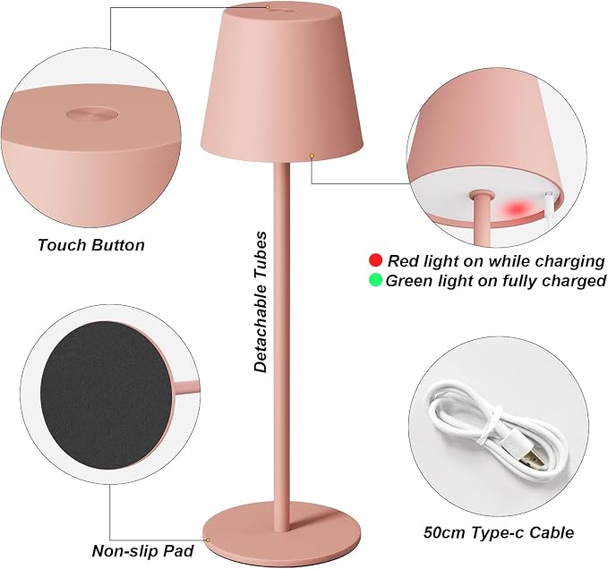 Kakanuo Cordless Table Lamp Rechargeable Pink - KK 2 Pack 5000mAH Battery Operated Lamp for Counter, 3 Color Stepless Dimming Wireless Lamp for Dining Kitchen, Outdoor Patio, Touch Control - Image 6