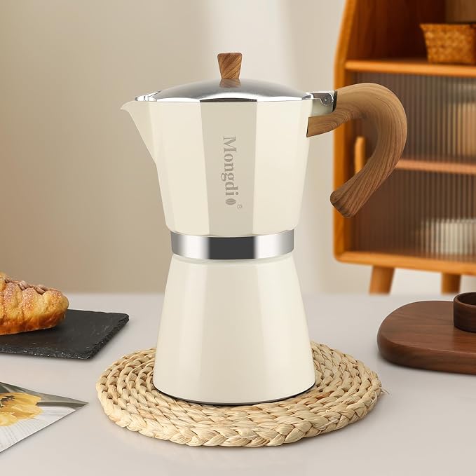 Mongdio Stovetop Espresso Maker Moka Pot, Cuban Coffee Maker Stove top coffee maker Moka Italian Espresso Greca Coffee Maker Brewer Percolator, 12 Espresso Cups, 20 oz - White - Image 8