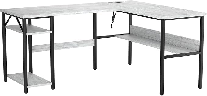 Unikito L Shaped Computer Desk with Magic Power Outlets and USB Charging Ports, Sturdy Reversible Corner Desk with Storage Shelves, Modern Work Desk for Home Office, Easy to Assemble, White Oak - Image 9