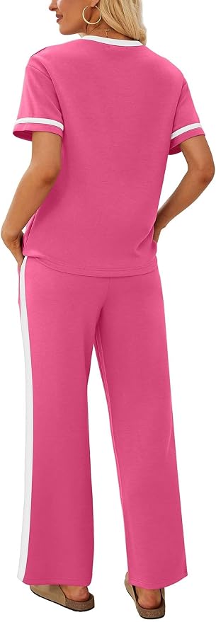 Sampeel 2 Piece Sets for Women Matching Sets Summer Outfits Resort Wear Short Sleeve Lounge Set Wide Leg Pants with Pockets - Image 5