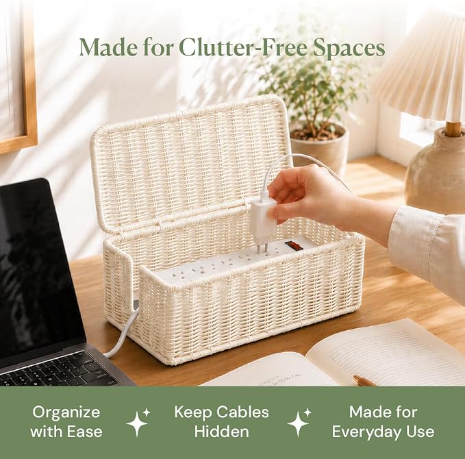 Cable Management Box, Handmade Rattan Cable Organizer with 2 Open Slots, Cord Hider for Power Strip, Router & USB Hub, Registered U.S. Design Patent (D1,112,102), 13" x 5.1" x 5.1", White - Image 9