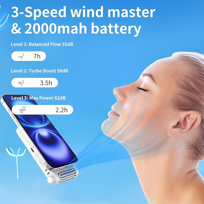 Magnetic Phone Fan 3-in-1 Hands-Free Neck/Waist/Handheld, 80g Lightweight 3 Speeds Portable Fan with Universal Metal Plate, Cooling for Travel Gym Office All Phones - Image 8
