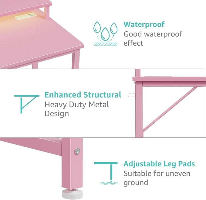 Lufeiya Girls Desk with Power Outlets and LED Lights, 40 Inch Gaming Desk Table with Charging Station, Home Office Computer Desks with Monitor, Pink - Image 9
