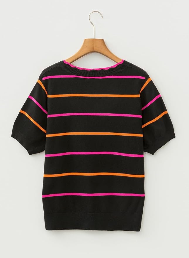 Dokotoo Womens Summer Short Sleeve Knit Tops 2026 Spring Trendy Casual V Neck Striped Sweater Blouses - Image 5