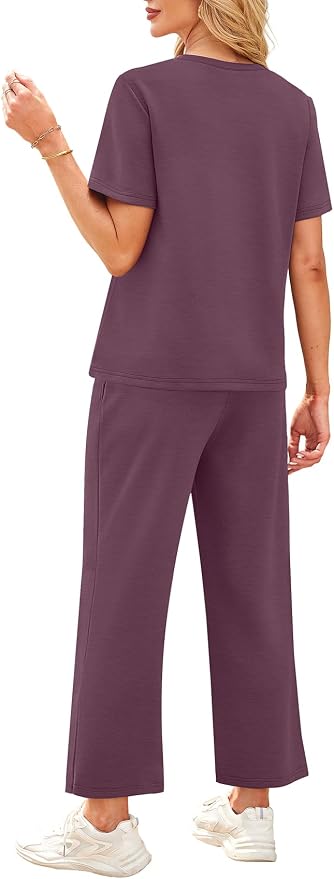 WIHOLL 2 Piece Sets for Women Casual Summer Travel Vacation Outfits Short Sleeve Wide Leg Crop Pants Lounge Sets - Image 5