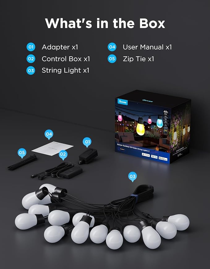 Govee S14 Bulb Outdoor String Lights 2, 48ft RGBICWW, 15 LED Bulbs, IP66 | Patio Lights with 111 Scene Modes for Patio, Backyard, Garden, Compatible with Alexa, Google, Matter, APP Control - Image 9